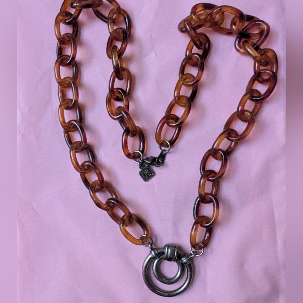 Vintage Connie‎ McCormack Tortoiseshell Chain Necklace with Silver Ring Pendant